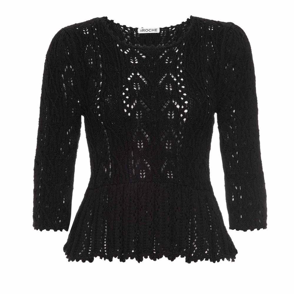 NWT St.Roche Filigree Floral Knit Crochet Sweater Peplum Pullover Top Black S - Picture 6 of 13